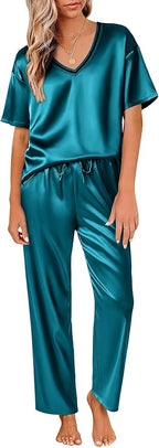 Ekouaer Satin Pajama Set for Women Short Sleeve Silky Pjs 2 Piece Lounge Sets Soft Comfy Sleepwear Loungewear S-XXL