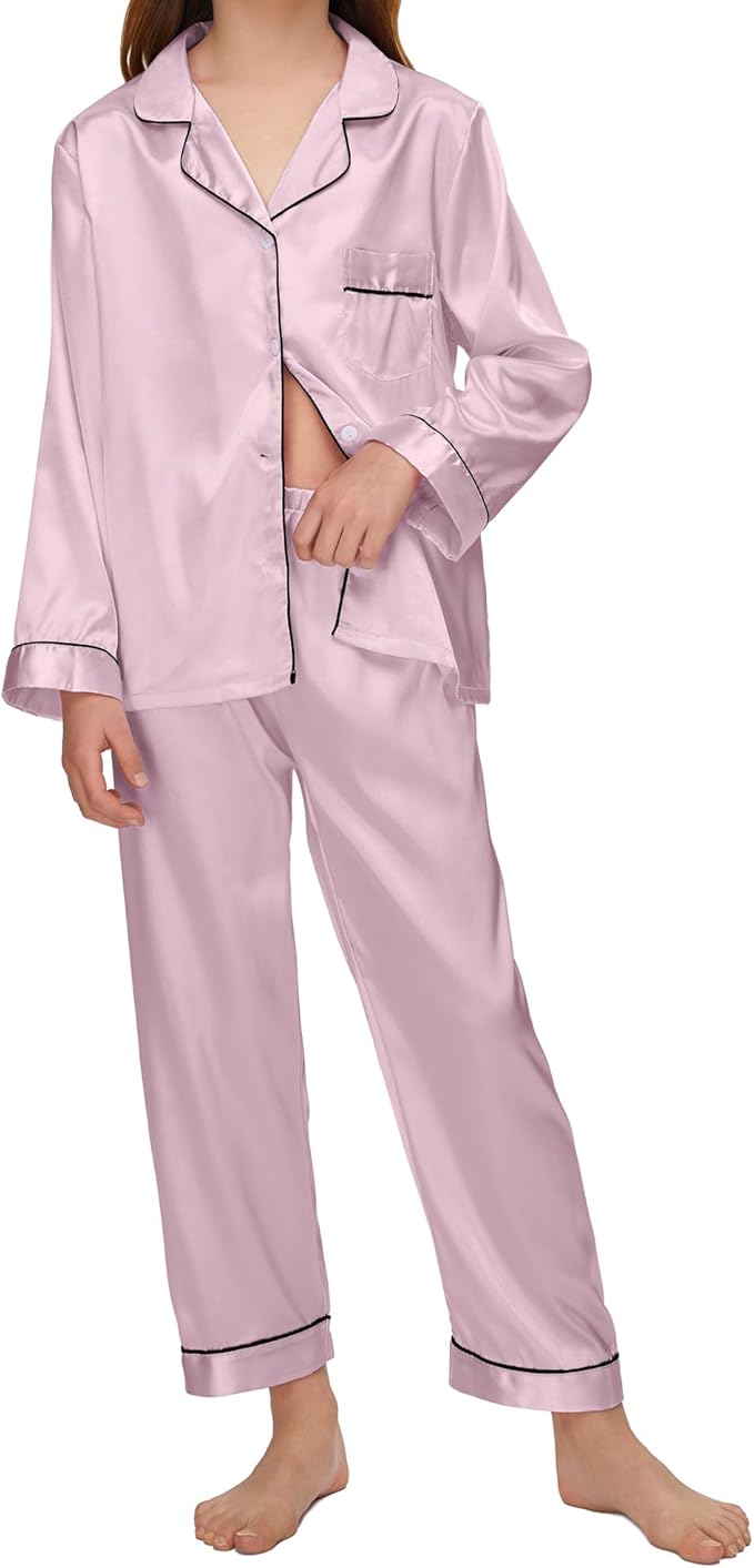 EPLAZA Kids Satin Pajamas Sets Girls Boys Button-Down Silky Pajamas Sleepwear with Hairband Eye Mask Hair Tie