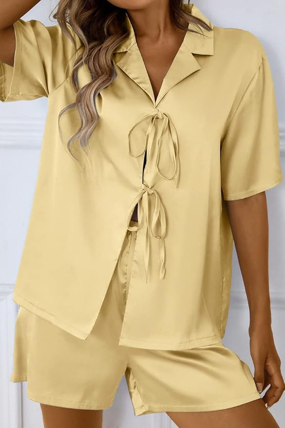 CHYRII Women's Silk Satin Pajamas Sets Tie Front Short Sleeve Tops and Shorts Two Piece Pj Sets Sleepwear