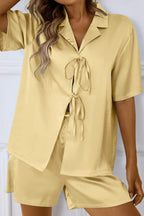 CHYRII Women's Silk Satin Pajamas Sets Tie Front Short Sleeve Tops and Shorts Two Piece Pj Sets Sleepwear