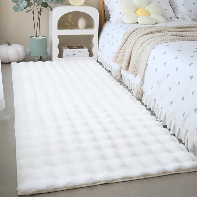 ABREEZE Thick Rabbit Plush Runner Rug 2.6'X 6',Solid White Faux Rabbit Bedroom Rug Super Soft Faux Fur Non-Slip Sofa Cover for Bedroom Carpet, Floor pad, Window Bench mat