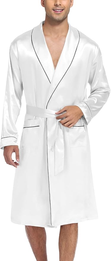SWOMOG Men's Satin Robe Silky Kimono Bathrobe with Shorts Set Lightweight Soft Loungewear Nightwear