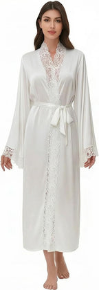 Women Sexy Satin Lace Robe,Long Sleeve Silk Bathrobe with Belt Soft Lightweight Full Length Sleepwear