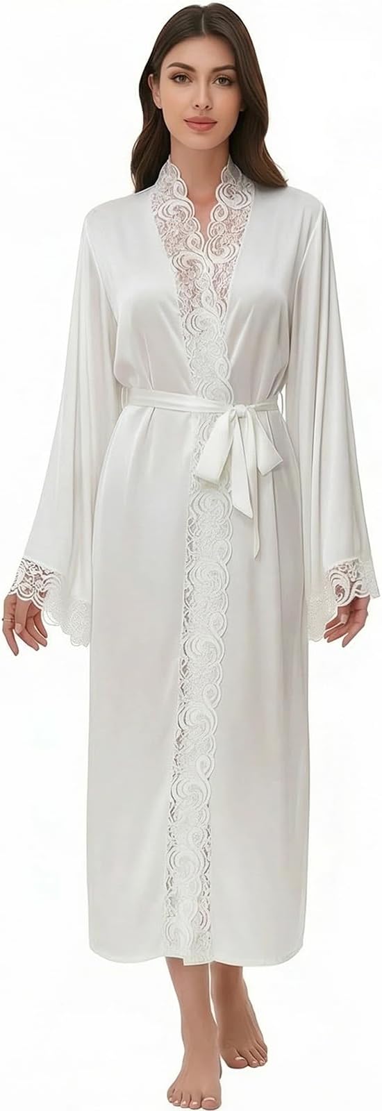 Women Sexy Satin Lace Robe,Long Sleeve Silk Bathrobe with Belt Soft Lightweight Full Length Sleepwear