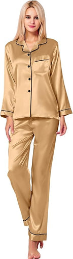 SWOMOG Womens Silk Satin Pajamas Set Long Sleeve Button Down Sleepwear 2 Piece Lounge Set Pj Set XS-3XL