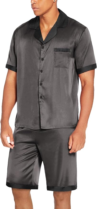 Ekouaer Men Satin Silk Pajamas Set with Pockets Sleepwear Shorts Satin Summer Loungewear 2 Piece Button Down Set S-3XL