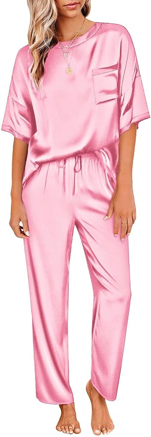 Ekouaer Womens Satin Silky Pajama Set Short Sleeve Shirt with Long Pajama Pant Set Soft PJ Loungewear