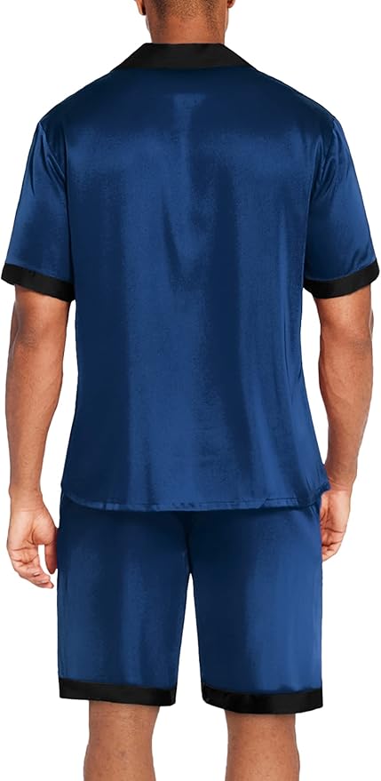 Ekouaer Men Satin Silk Pajamas Set with Pockets Sleepwear Shorts Satin Summer Loungewear 2 Piece Button Down Set S-3XL