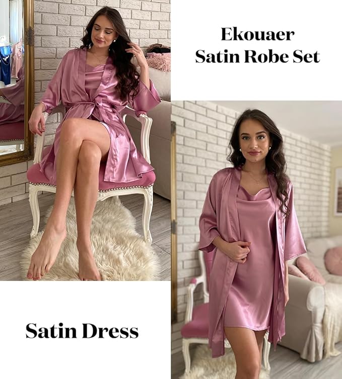 Ekouaer Women's Satin Robe Set Nightgown with Robes Silk Pajama Set 2 Pieces Lingerie Cowl Neck Cami Sleepwear Sets