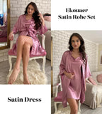 Ekouaer Women's Satin Robe Set Nightgown with Robes Silk Pajama Set 2 Pieces Lingerie Cowl Neck Cami Sleepwear Sets