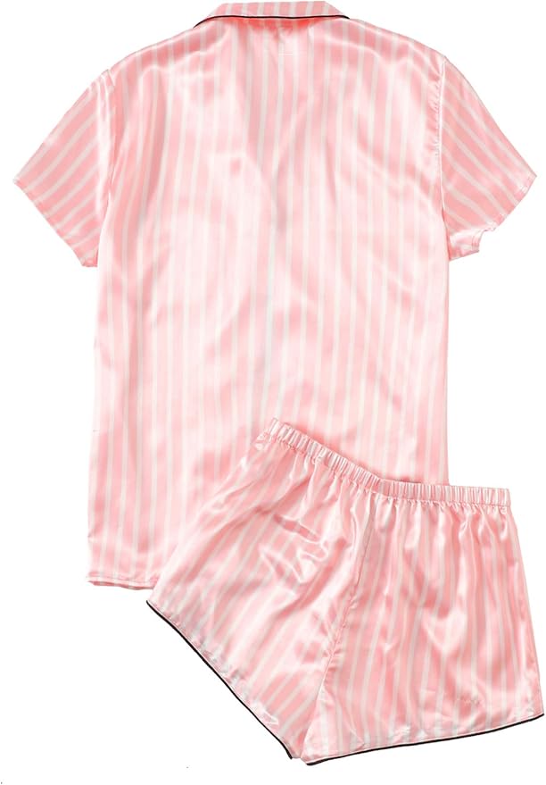 WDIRARA Women's Sleepwear Satin Short Sleeve Shirt and Shorts Pajama Set