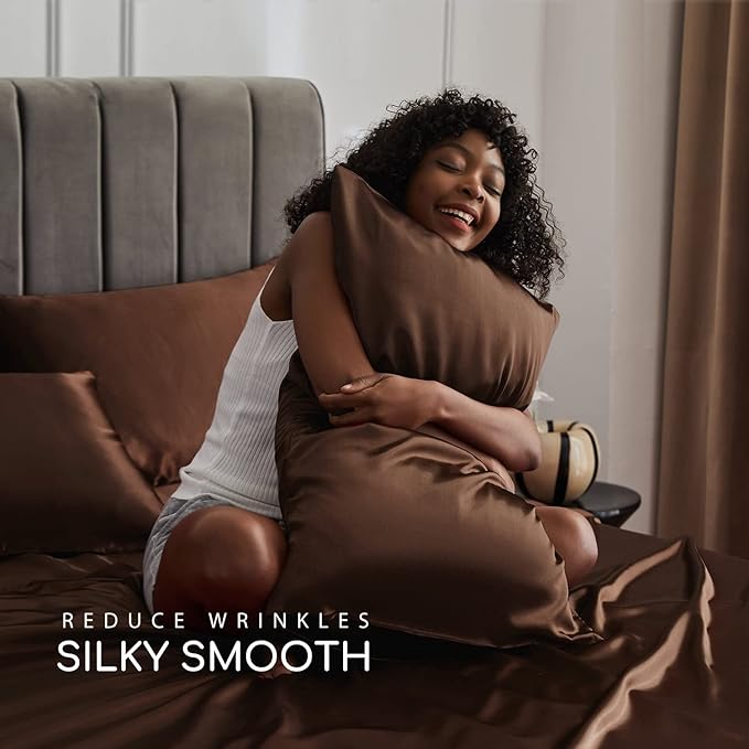 MR&HM Satin Bed Sheets, King Size Sheets Set, 6 Pcs Silky Bedding Set with 15 Inches Deep Pocket for Mattress (King, Brown)