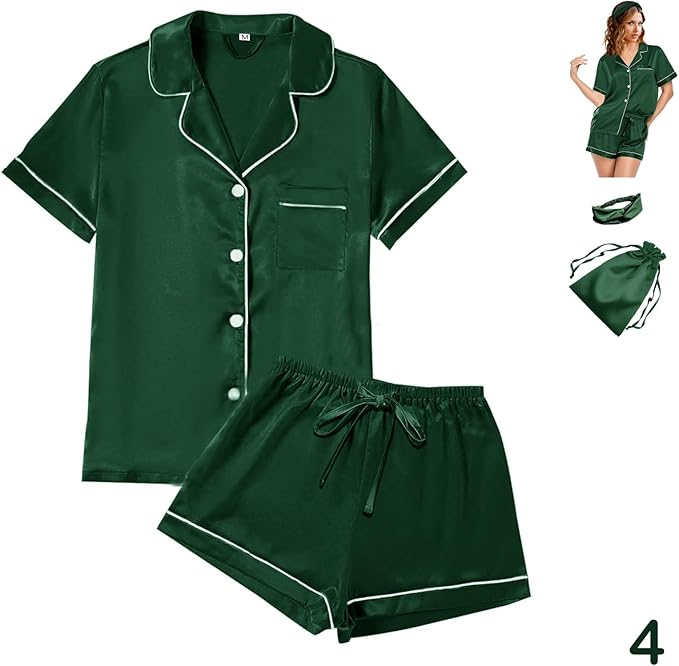 WJing Yi Jia 4Pcs Womens Satin Silky Pajama Sets Short Sleeve Shirt XS-4XL Floral Pajamas Set Soft PJ Loungewear Sleepwear