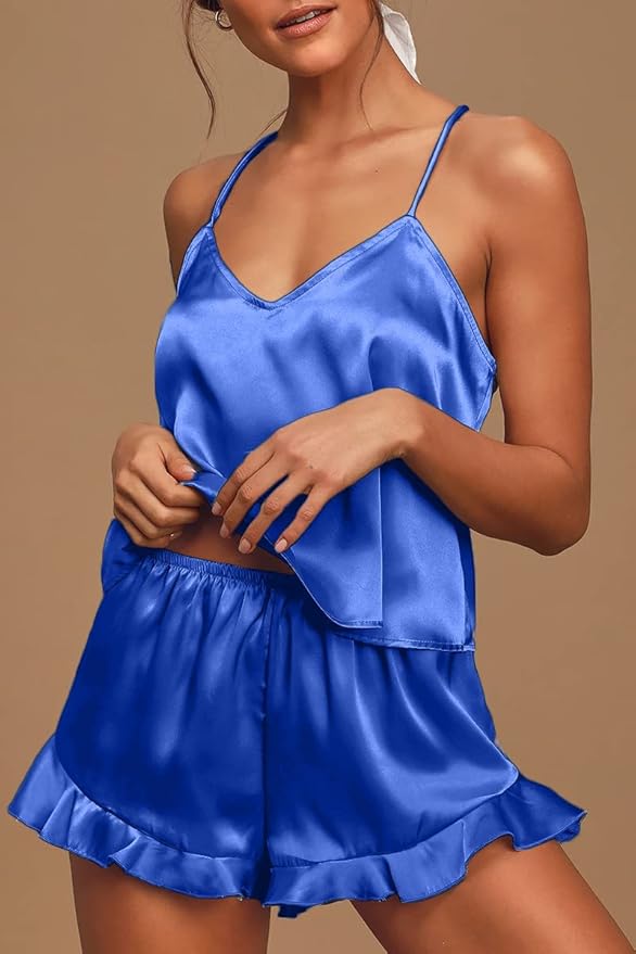 CHYRII Women's Sexy Silk Satin Ruffled Pajamas Sets Cami Shorts Sets Sleepwear