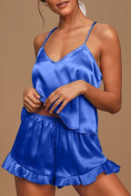CHYRII Women's Sexy Silk Satin Ruffled Pajamas Sets Cami Shorts Sets Sleepwear