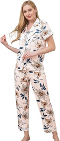WJing Yi Jia Womens Pajamas Set XS-4XL Floral Silk Satin Pajama Sets Silky Pj Sets 2Pcs Loungewear Sleepwear Button Down Pjs