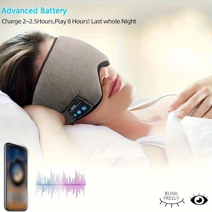 Bluetooth Sleep Mask with Built-in Headphones, Wireless Music Eye Mask, Ultra-Thin Stereo Speakers for Side Sleepers
