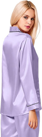 SWOMOG Womens Silk Satin Pajamas Set Long Sleeve Button Down Sleepwear 2 Piece Lounge Set Pj Set XS-3XL