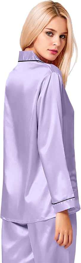 SWOMOG Womens Silk Satin Pajamas Set Long Sleeve Button Down Sleepwear 2 Piece Lounge Set Pj Set XS-3XL