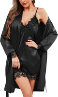 Womens Silk Lingerie Robe Nightgown 2 Piece Pajamas Set Sexy Lace V Neck Cami Satin Sleepwear