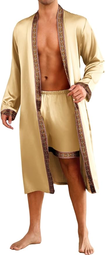 ChiaoLezhee Mens Satin Bath Robe with Shorts Set, Silk Paisley Kimono Lightweight, Soft Long Sleeve Sleepwear