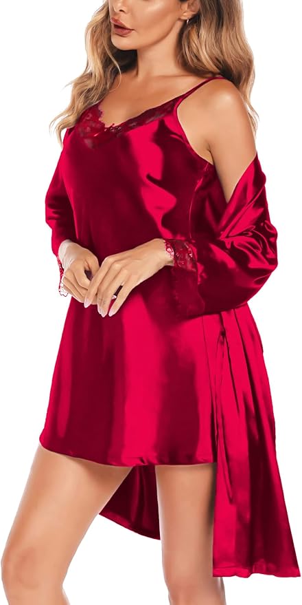 SWOMOG Women's Satin Robe Set 2 Piece Sexy Pajamas Sets Lace Cami Nightgown and Silk Robes Nightwear