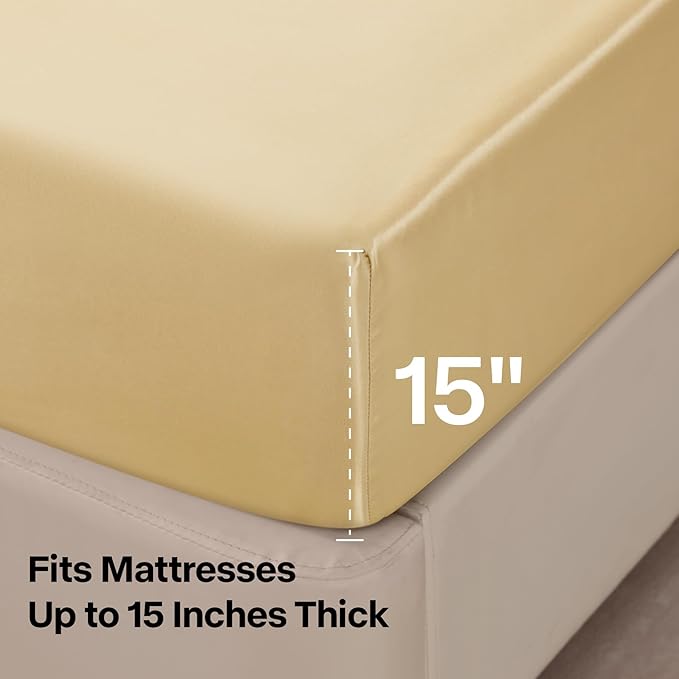 BEDELITE Satin Sheets Queen Size Bed Set, Luxury Soft Champagne Silky Sheets for Hair and Skin, Similar to Silk Bed Sheets Set 4 Pieces with 1 Deep Pocket Fitted Sheet, 1 Flat Sheet, and 2 Pillowcases
