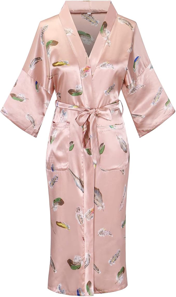 Valennia Women Long Silky Bathrobe Satin Kimono Robe Floral Printed Dressing Gown Sleepwear
