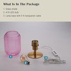 Mid Century Glass Table Lamp,Dimmable Desk Lamp,LED Bulb Included,Timer Build-in,Pink Ribbed Glass