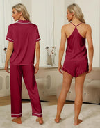 SAPJON Silk Pajamas for Women Set 4Pcs Ruffled Satin Pajamas Set Button Down Short Sleeve Cami Shorts Sleepwear Pj Set