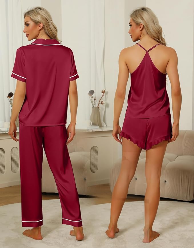 SAPJON Silk Pajamas for Women Set 4Pcs Ruffled Satin Pajamas Set Button Down Short Sleeve Cami Shorts Sleepwear Pj Set