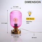 Mid Century Glass Table Lamp,Dimmable Desk Lamp,LED Bulb Included,Touch Control & USB A+C Port,Pink Ribbed Glass