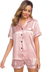 SWOMOG Womens Silk Satin Pajamas Set Short Sleeve Sleepwear Button Down Top and Shorts Loungewear 2 Piece Pjs Set XS-3XL