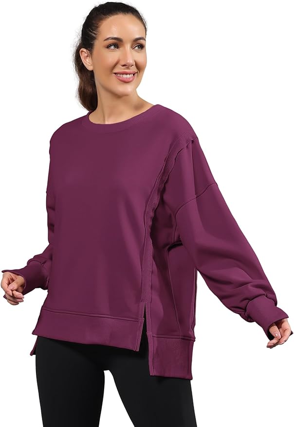 Nirovien Womens Oversized Crewneck Sweatshirt Side Slit Long Sleeve Pullover Slouchy Fit Tops