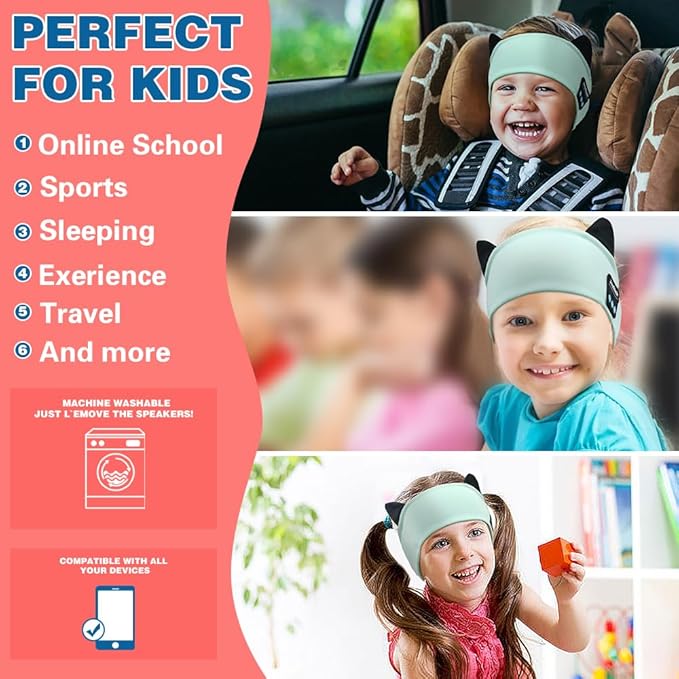 Joythink Kids Bluetooth Headband Headphones Sleep Mask Wireless Earphones Built in Thin Speaker Adjustable Sports Headset Sleep Headband for Girls Boys Toddler Children Baby Airplane Travel Study Aqua