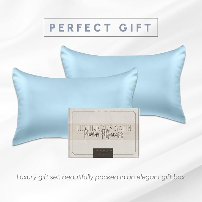 Elegant Comfort 2-Pack King Size Baby Blue Satin Pillowcase Set with Hidden Zipper Closure, 20" x 40"