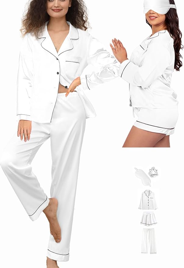 WJing Yi Jia 5Pcs XS-XXL Womens Silk Satin Pajamas Sets Long Pj Sets Button Down Pjs Set Loungewear Sleepwear