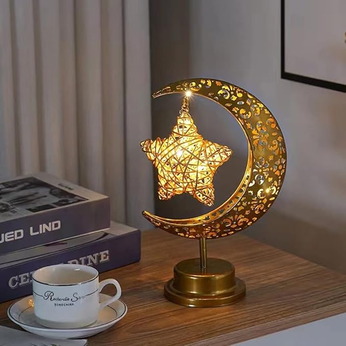 GUOCHENG Enchanted Lunar Lamp Moon Shaped Table Lamps, LED Crescent Night Light Magic Hanging Moon Lamp Decor, Home Bedroom Bedside Desktop Nightstand Decorative Gift(Rattan Star)