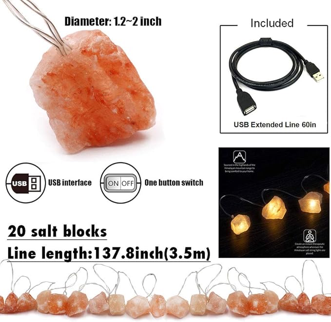 MINGRI Himalayan Salt lamp Salt Rock Night Light USB Fairy Hanging String Lights for Bedroom,Crystal Stones Natural Pink Salt Lamp for Meditation,Yoga,Office, Bedside,Desk,Computer, Baby,Child