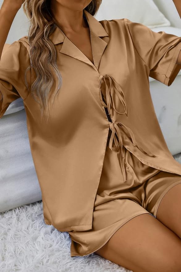 CHYRII Women's Silk Satin Pajamas Sets Tie Front Short Sleeve Tops and Shorts Two Piece Pj Sets Sleepwear