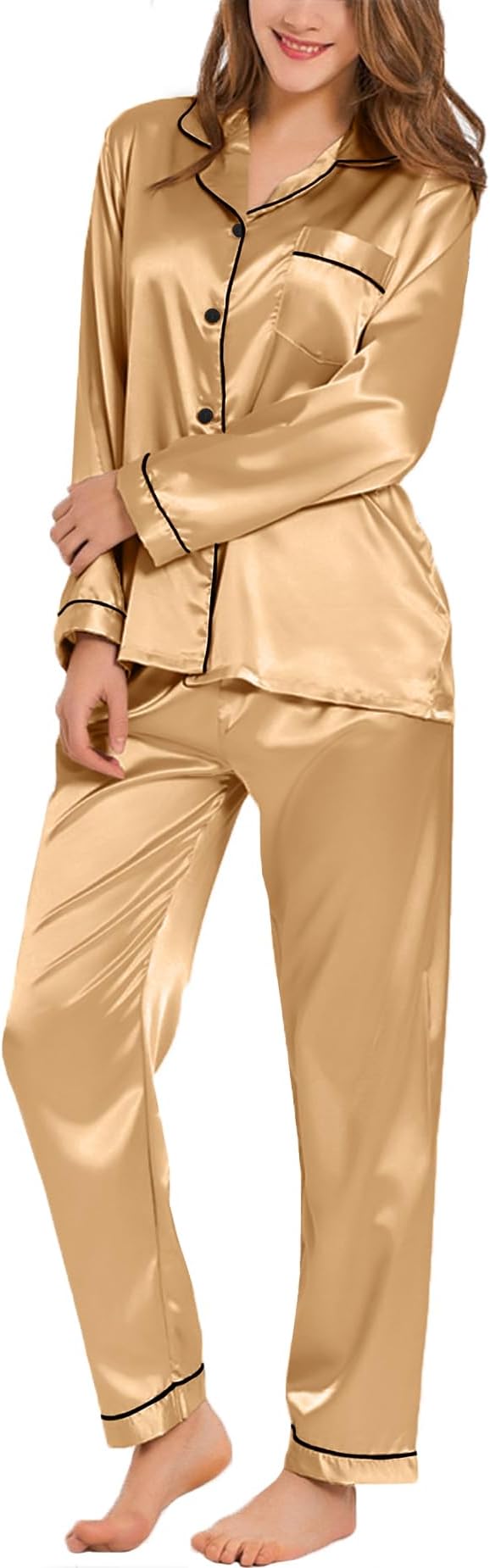 SWOMOG Womens Silk Satin Pajamas Set Long Sleeve Button Down Sleepwear 2 Piece Lounge Set Pj Set XS-3XL