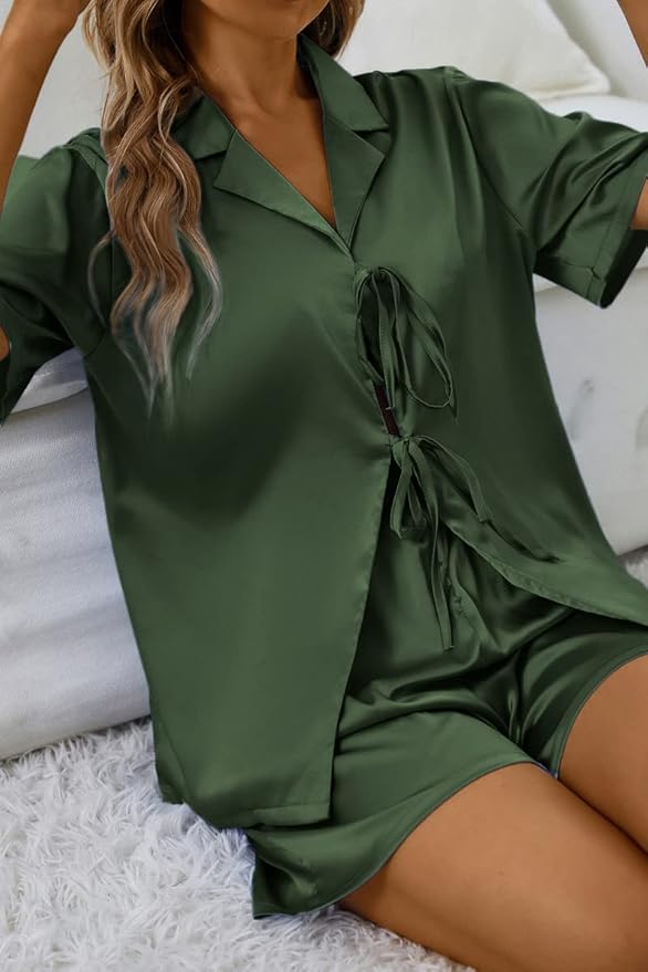 CHYRII Women's Silk Satin Pajamas Sets Tie Front Short Sleeve Tops and Shorts Two Piece Pj Sets Sleepwear