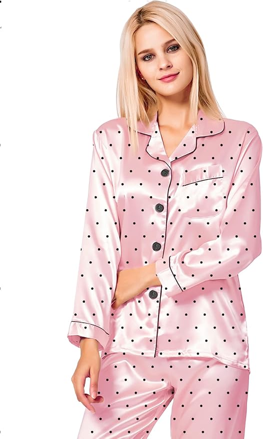 SWOMOG Womens Silk Satin Pajamas Set Long Sleeve Button Down Sleepwear 2 Piece Lounge Set Pj Set XS-3XL