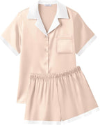 Ekouaer Womens Silk Satin Pajama Set Short Sleeve PJs 2 Piece Button Down Top and Shorts Notch Collar Sleepwear Sets Soft Pjs