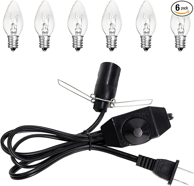 Salt Lamp Cord Replacement 1 Pack with Dimmer Switch 5 feet Lamp Cord and 6-Pack Halogen Salt Lamp Bulbs(15 Watts)