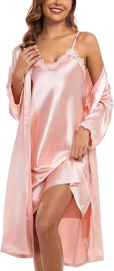 BestWendding Women's Silk Robe Set 2 Pieces Pajamas Sets Sexy Soft Satin Robe with V Neck Camisole Lingerie Nightgown
