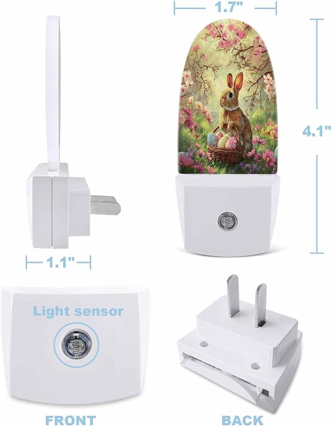 Easter Spring Peach Blossom Rabbit Night Light Plug into Wall, Colorful Eggs Farm Floral Popsicle Shape Night Light Nightlight with Light Sensors for Kids Bedroom Hallway