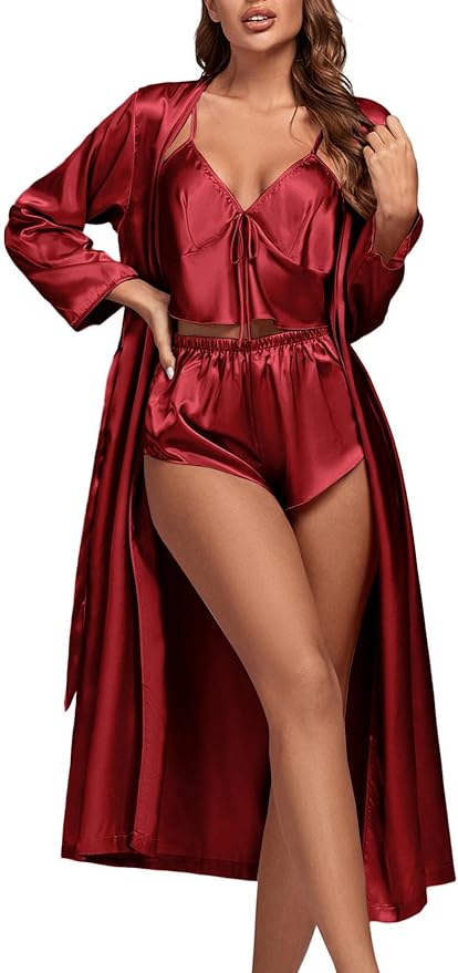 OPOIPIN Women's 3 Piece Pajama Set Sexy Cami Top and Shorts with Robe Sleepwear Loungewear Set