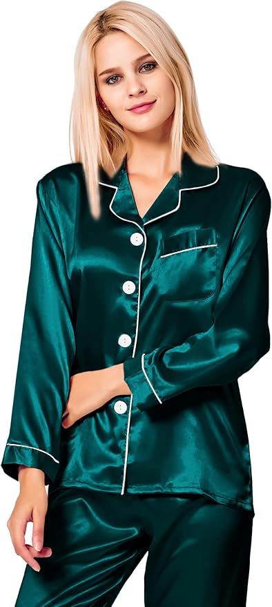 SWOMOG Womens Silk Satin Pajamas Set Long Sleeve Button Down Sleepwear 2 Piece Lounge Set Pj Set XS-3XL