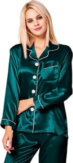 SWOMOG Womens Silk Satin Pajamas Set Long Sleeve Button Down Sleepwear 2 Piece Lounge Set Pj Set XS-3XL